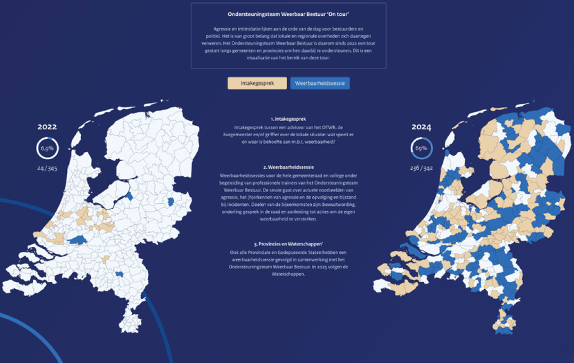 Kaarten van Nederland met contactmomenten met het OT Weerbaar Bestuur in 2022 (links) en nu (rechts)